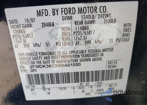 2008 Ford Edge Se из США, поврежденный, VIN 2FMDK36CX8BA01550